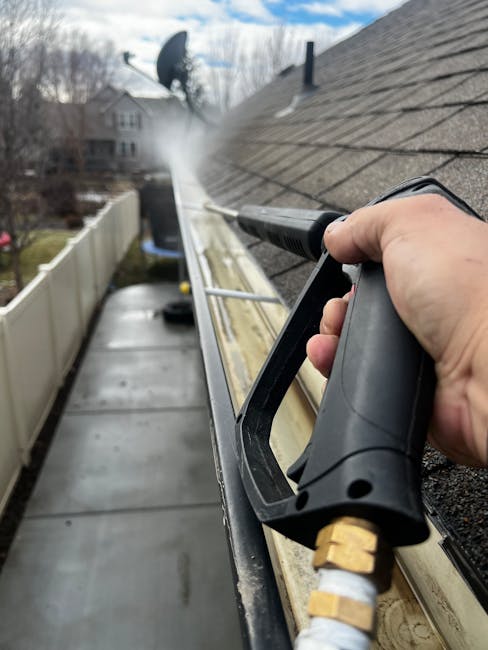 pexels-photo-35153375-35153375 Close-up of gutter cleaning with pressure washer, outdoors, during the day.